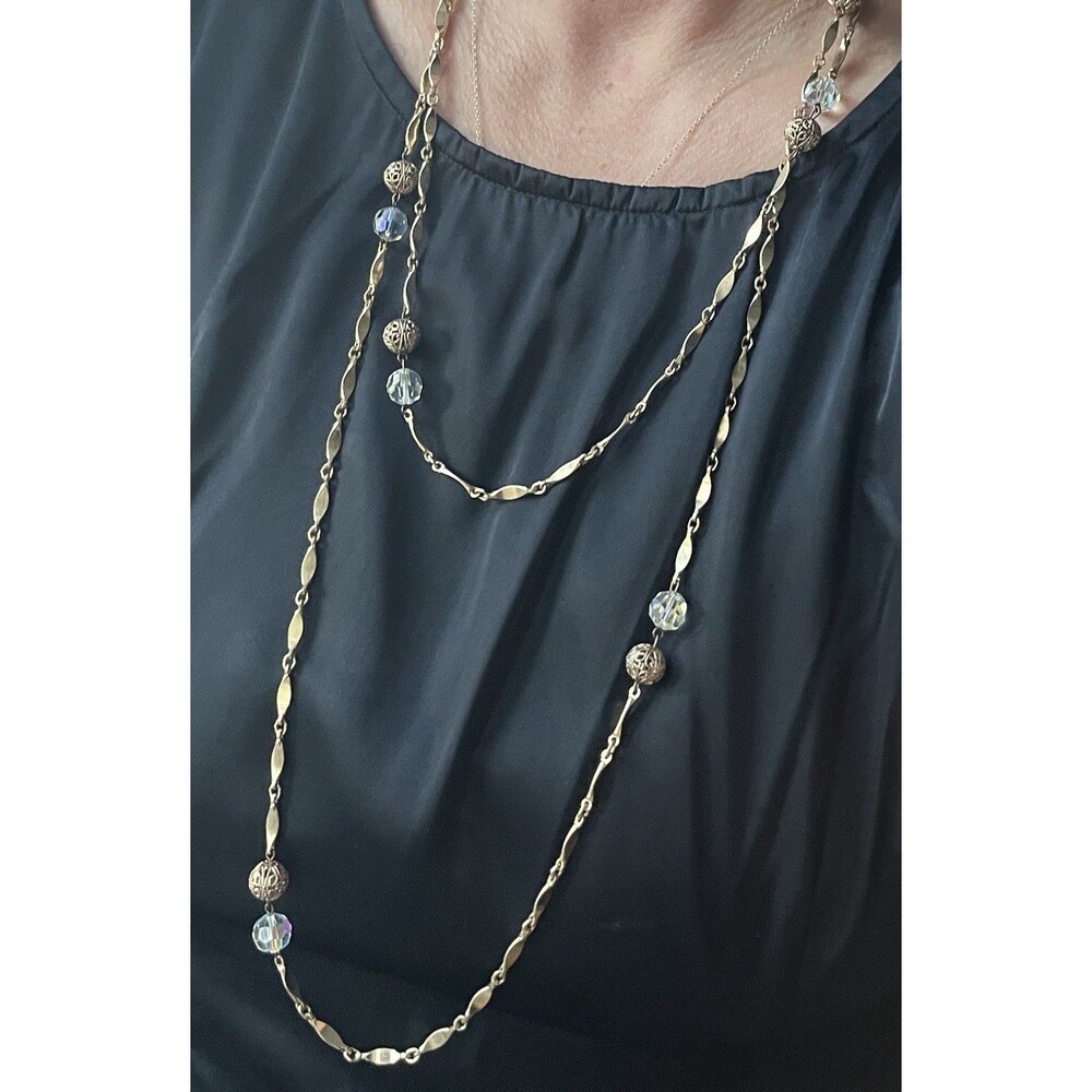 Vintage 60” Opera Length Gold Tone Necklace | Aurora Borealis Beads Drama Layer